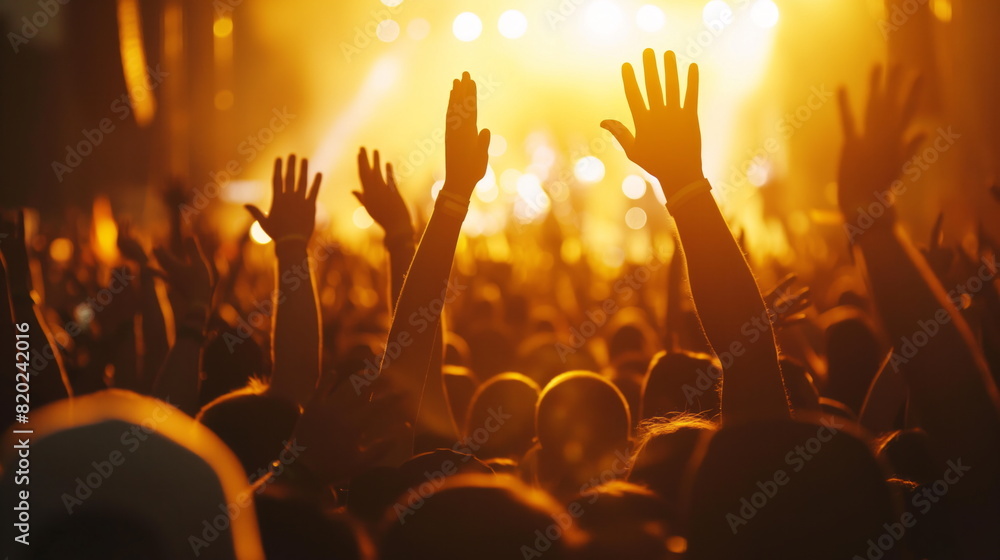 Group of friends raise their hands against a vibrant sunset, reveling in the festivity of a music event