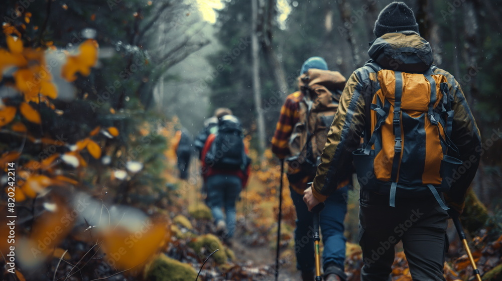 group of adventurous hikers trekking through a dense forest trail