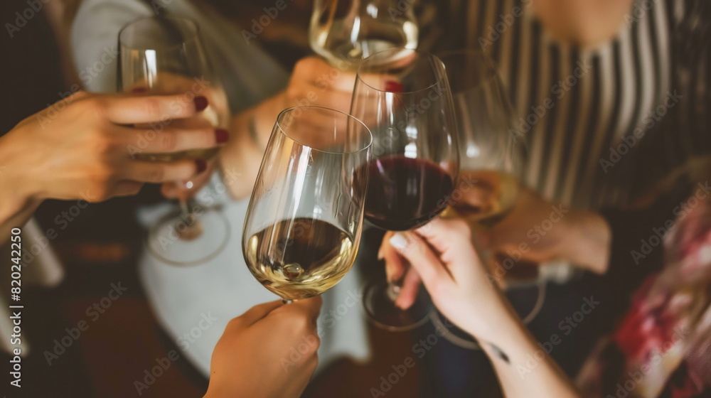 Group of friends celebrating and raising glasses of wine at a party