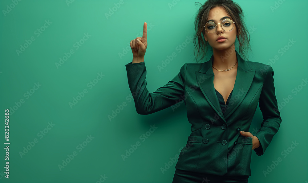 A woman on a green background points her finger up.