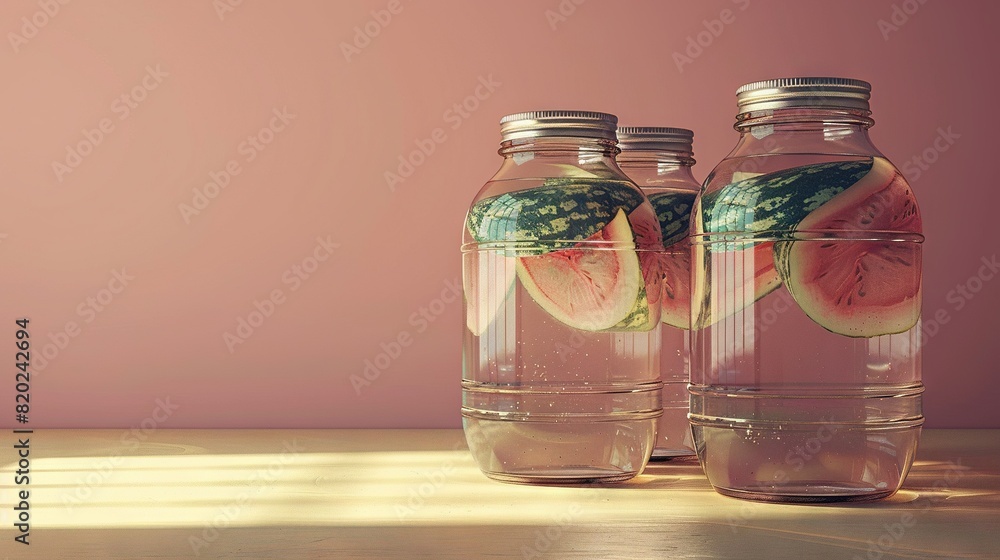 Two water bottles filled with watermelon slices and one additional slice on a table Two water bottles filled with watermelon slices and one additional slice on a table