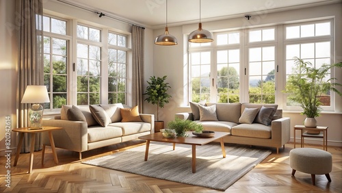 A simple living room with neutral tones  accentuated by the natural light pouring in from the windows
