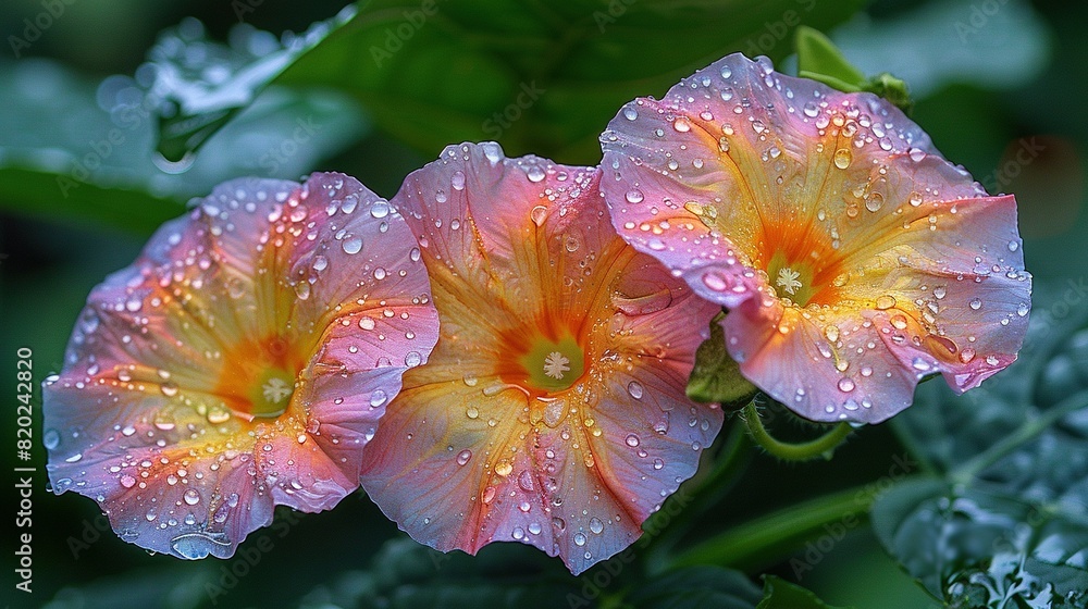 Two pink flowers with water droplets on their petals against a green leaf backdrop Two pink flowers with water droplets on their petals against a green leaf backdrop