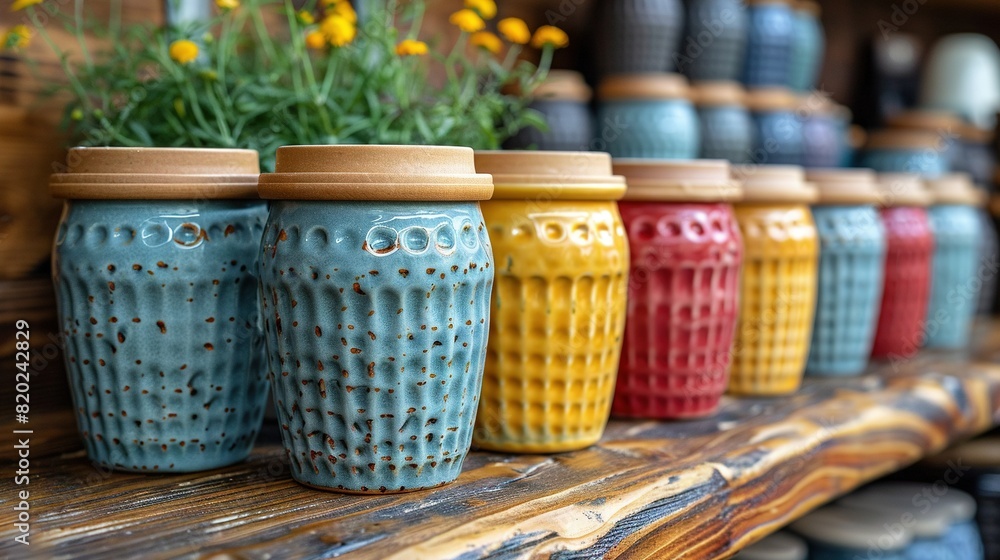 Ceramic cups line wooden shelf beside yellow-flowered planter Ceramic cups line wooden shelf beside yellow-flowered planter