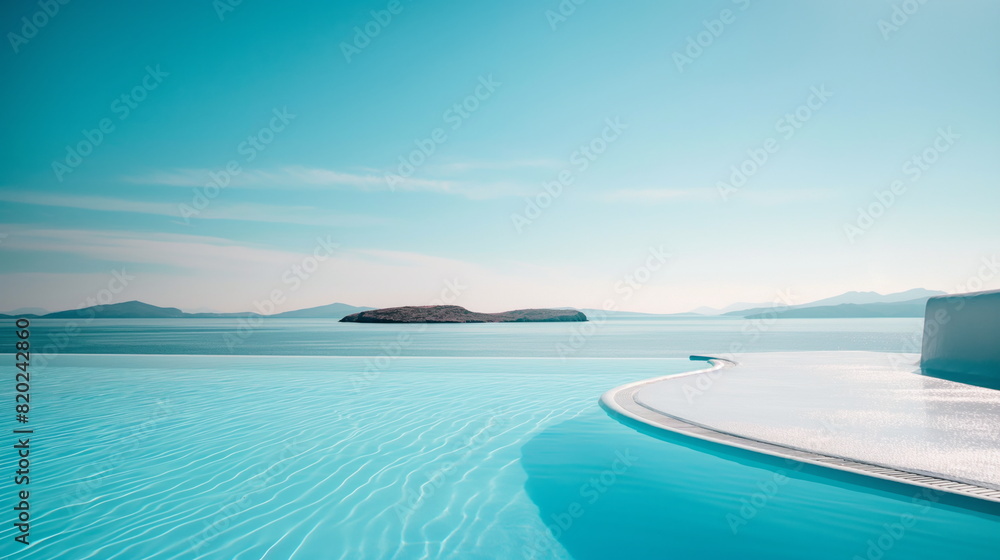 Minimalistic Luxury villa resort, blue swimming pool and sea, summer sky holiday, vacation travel, view water pool