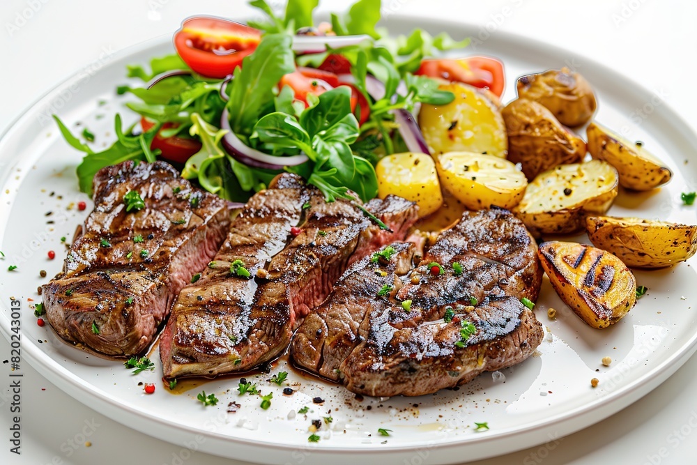 A plate of juicy medium rare steaks with potatoes and salad on a white background