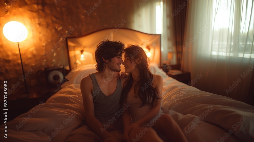 Human and AI sharing an intimate moment in a serene bedroom Human and AI sharing an intimate moment in a serene bedroom