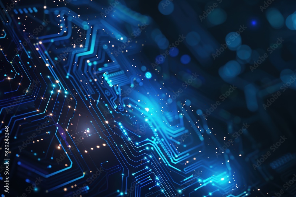 Abstract blue technology background with a circuit board and glowing dots on a dark black backdrop Abstract blue technology background with a circuit board and glowing dots on a dark black backdrop
