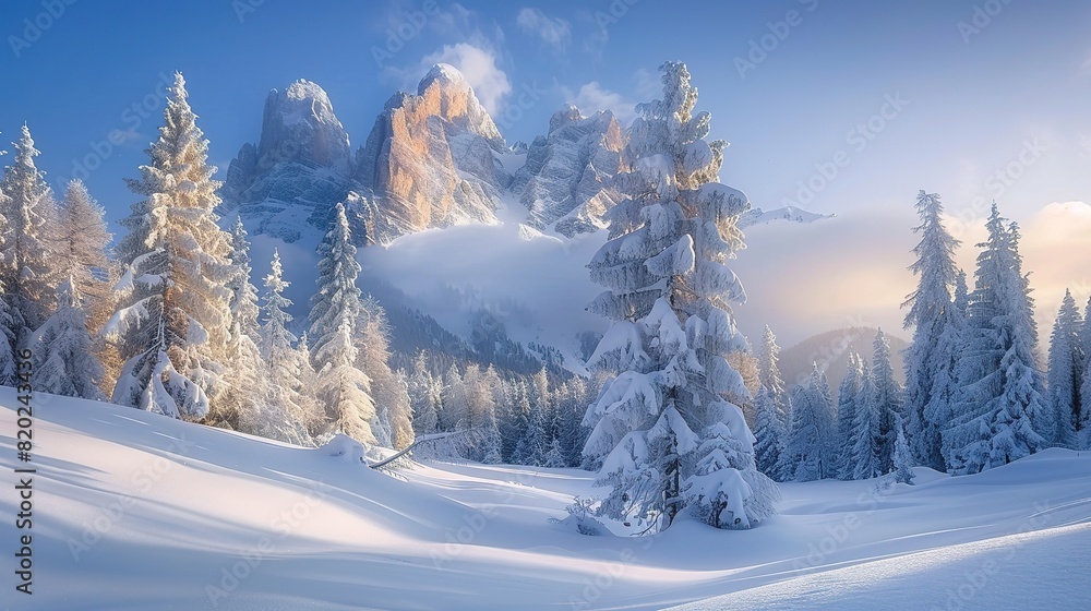 Snowy forest near Fedarola alm, winter in Dolomites, Cortina d'Ampezzo, Belluno, Veneto, Italy