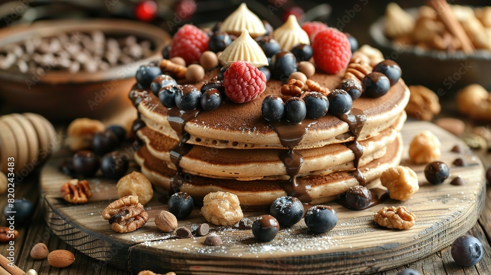 A stack of golden pancakes, topped with fresh blueberries, luscious raspberries, crunchy walnuts and a drizzle of chocolate sauce A stack of golden pancakes, topped with fresh blueberries, luscious raspberries, crunchy walnuts and a drizzle of chocolate sauce