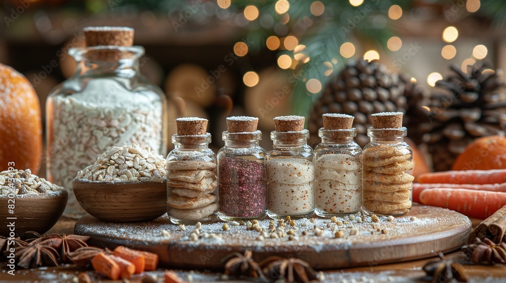 Spices on table, nuts nearby, Christmas tree in background Spices on table, nuts nearby, Christmas tree in background