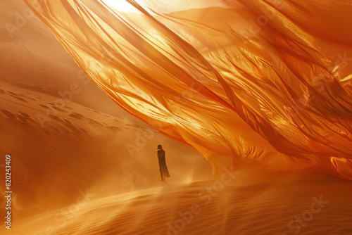 Desert Explorer Man Walking, Gasidech Desert, Flowing Sand Dunes Background