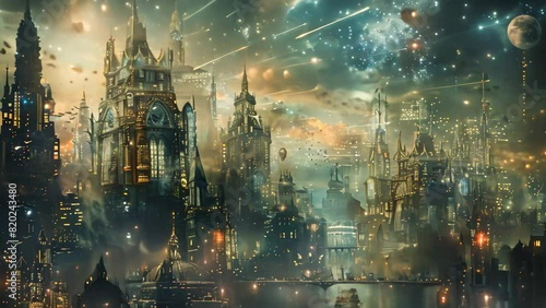 Painting depicting a city at night with numerous stars shining in the sky, A cityscape where dreams are manifested into reality photo