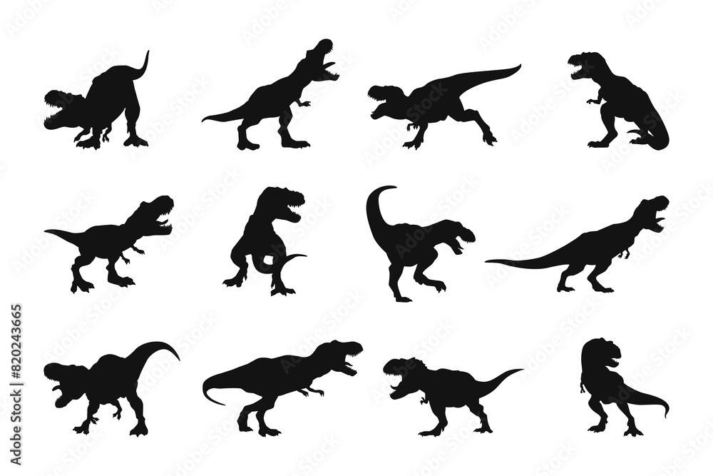 A vector collection of Tyrannosaurus rex silhouettes for artwork compositions. A vector collection of Tyrannosaurus rex silhouettes for artwork compositions.