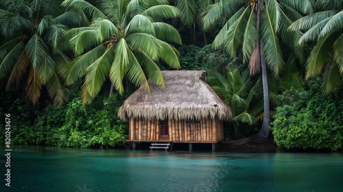 Rustic tropical wooden cabin on stilts overlooks a serene lake, nestled in lush greenery with morning mist rising in the background photo