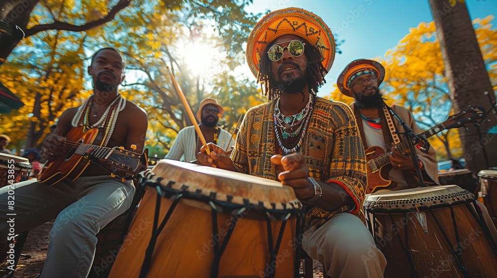 Fototapeta premium Vibrant international music jam session in a park