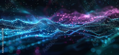 Abstract background with glowing blue and purple lines, dots and particles on a black background
