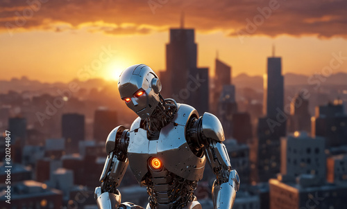 A humanoid robot watching the city from atop a tall building.