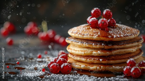   A table is set with a stack of pancakes sprinkled in powdered sugar and topped with raspberries