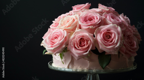 Beautiful pink roses adorn a freshly baked cake. It sits on a stand against a black backdrop  leaving space for your words.