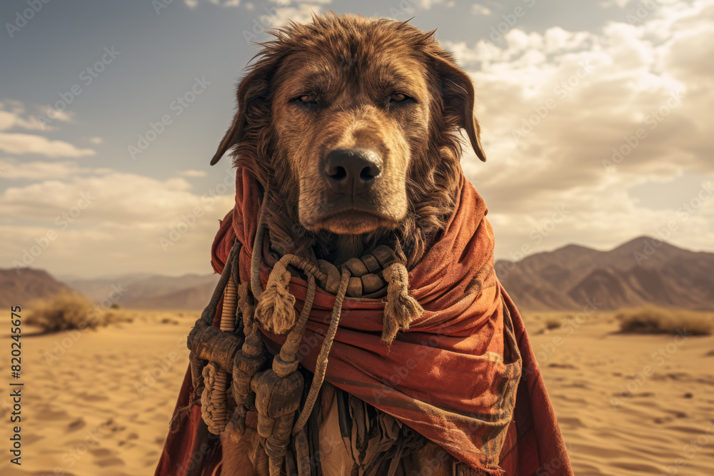 Naklejka premium A dog wearing a scarf is pictured in the desert landscape under a blue sky with a few clouds. The dog, a carnivore and working animal, blends with the natural environment