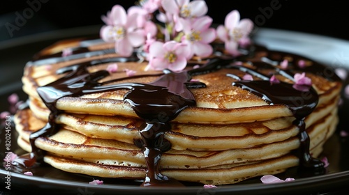   Pancakes on Plate - A stack of golden brown pancakes arranged neatly on a white plate Chocolate syrup is artfully drizzled over the panc photo