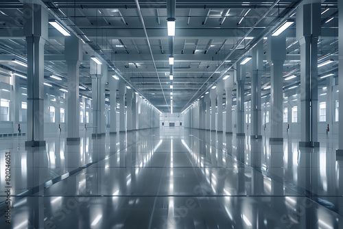 Interior of a large, clean warehouse with reflective shiny floor and a systematic arrangement of pillars and lights. AI