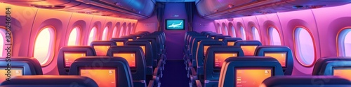 Highly Detailed D Cartoon of a Modern Airplane Cabin with Personalized Entertainment Systems photo