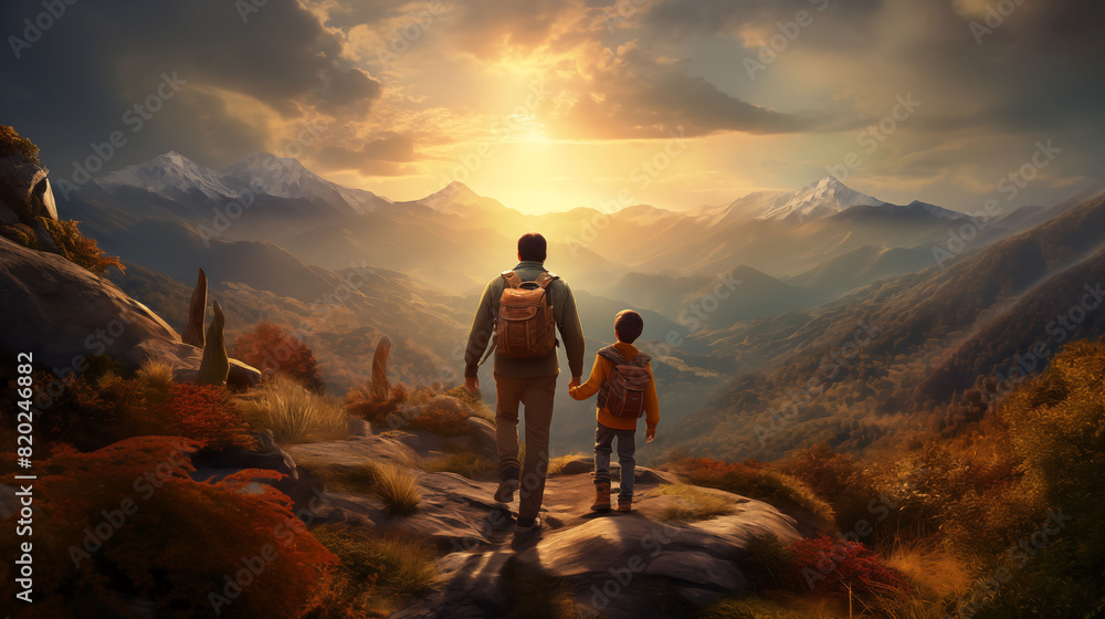 Amidst nature's beauty, a father and son hike together along a scenic trail, their shared love for adventure and exploration evident in the high-definition image.