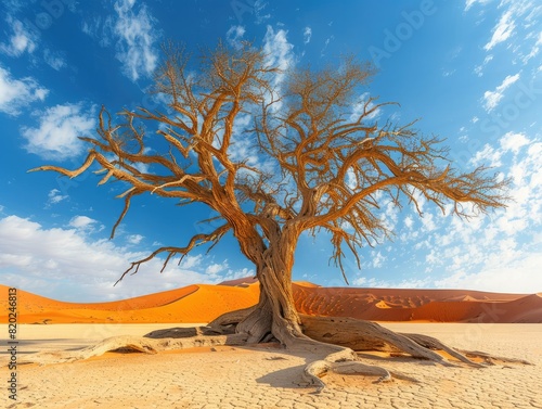 A weathered tree with a thick trunk and twisted branches in a vast  sandy desert  symbolizing the endurance and resilience of life in harsh conditions. The lighting is intense  