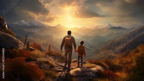 Amidst nature's beauty, a father and son hike together along a scenic trail, their shared love for adventure and exploration evident in the high-definition image. photo