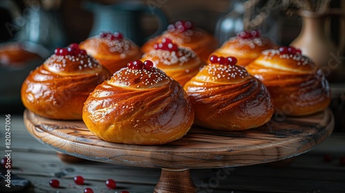  Wooden tray with powdered-sugar croissants and pomegranate topping