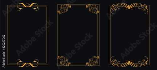 golden decorative elements with different lines, Collection of geometric art deco ornament, Vector set of linear frames and borders, Victorian style decor floral border, luxury royal antique wedding,