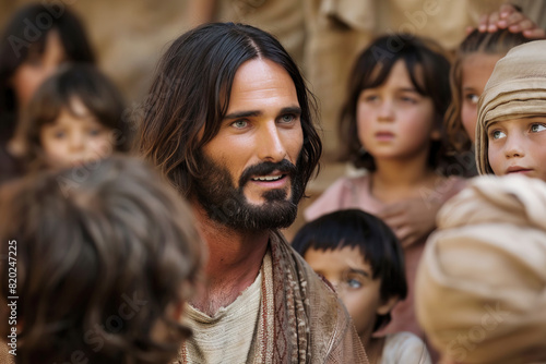 Smiling Jesus Christ talks kindly to children photo