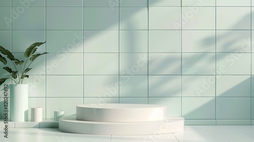 A stylish 3D podium in a pristine white and soft light blue, positioned in front of a chic tiled wall, ready for a product showcase in a minimalist setting.
