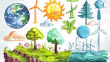 A collage of eco-themed illustrations including the Earth, wind turbines, trees, the sun, and various nature elements representing environmental conservation