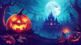 Halloween background horizontal banner. An atmospheric art illustration of a Halloween scene with pumpkins and bats set against a dusky sky.