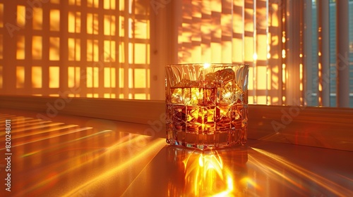  A glass of whiskey rests on a table beneath the sunlight filtering through the blinds on the windowsill
