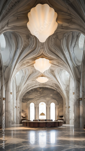 A long hallway in a building with a chandelier  displaying elements such as symmetry  art  wood  arches  composite materials  vaulted ceilings  and medieval architectural influences