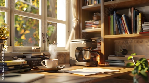 A cozy office nook with a small coffee machine, bookshelves, and a steaming cup of coffee on a desk