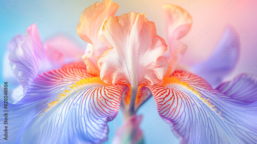A vibrant iris flower against a blue backdrop, showcasing its beauty and intricate structure A vibrant iris flower against a blue backdrop, showcasing its beauty and intricate structure