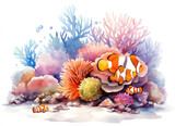 Watercolor illustration with sea bottom fish and coral on white