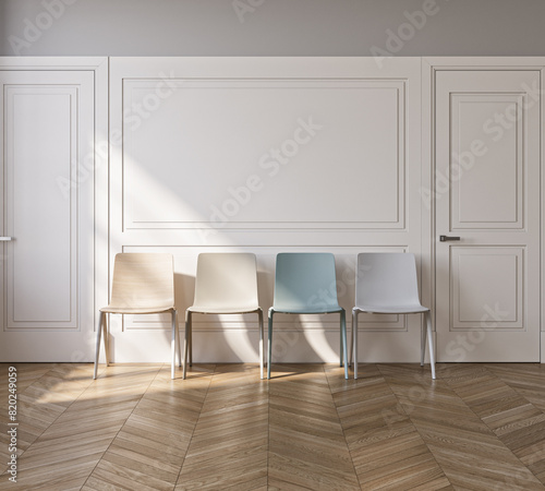 Minimalist interior with row of chairs, 3d illustration.