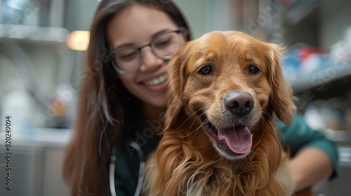 pet care excellence  an asian vet with a comforting demeanor checks a fluffy golden retriever in a sleek clinic  with tools around in a cozy ambiance