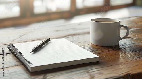 A notebook, pen, and a cup of coffee placed neatly on a wooden office desk