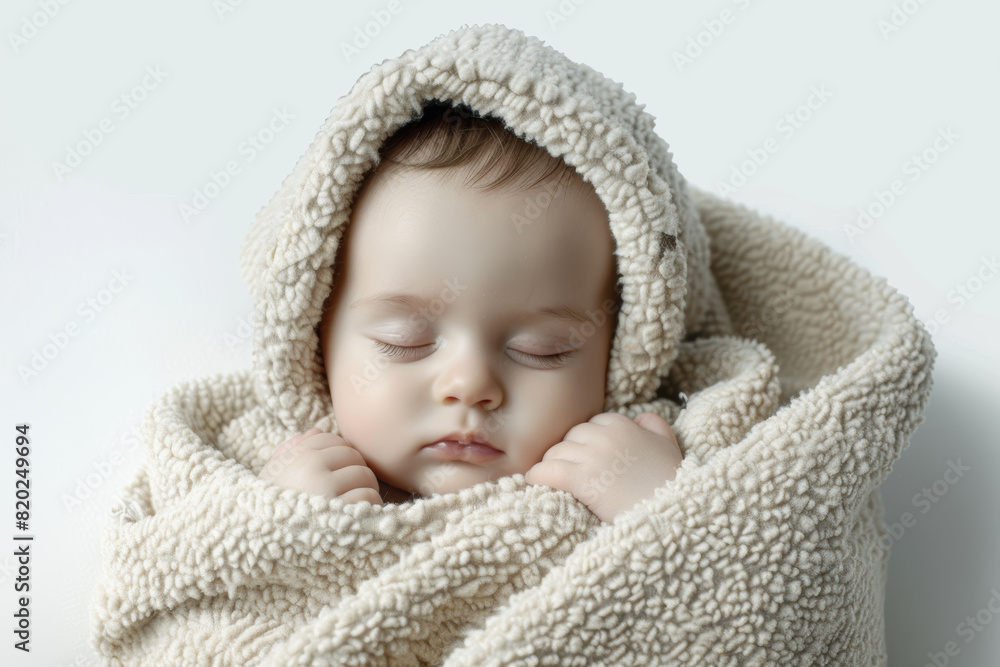 A sleepy baby wrapped in a soft blanket, detached from the surroundings, isolated from the background, with no background. Concept of rest and relaxation. Generative Ai. A sleepy baby wrapped in a soft blanket, detached from the surroundings, isolated from the background, with no background. Concept of rest and relaxation. Generative Ai.