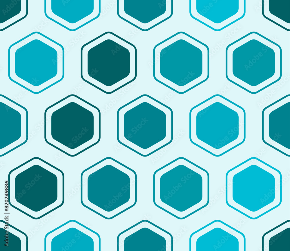Minimalistic hexagon background. Rounded hexagons mosaic cells with padding and inner solid cells. Cyan color tones. Large hexagons. Seamless pattern. Tileable vector illustration. Minimalistic hexagon background. Rounded hexagons mosaic cells with padding and inner solid cells. Cyan color tones. Large hexagons. Seamless pattern. Tileable vector illustration.