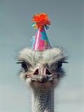 a splendid ostrich wearing a cute birthday hat and blowing in a whistle