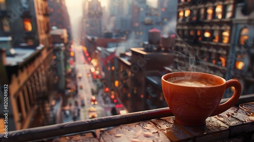 Perched on a windowsill overlooking a bustling cityscape  a ceramic coffee cup offers a moment of respite from the urban hustle and bustle  its contents swirling with warmth.