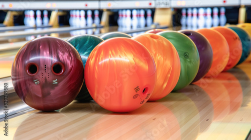 A row of colorful bowling balls is arranged neatly on a shiny wooden bowling alley surface